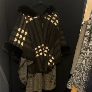 Plaid Wool Cape with Fur Trim